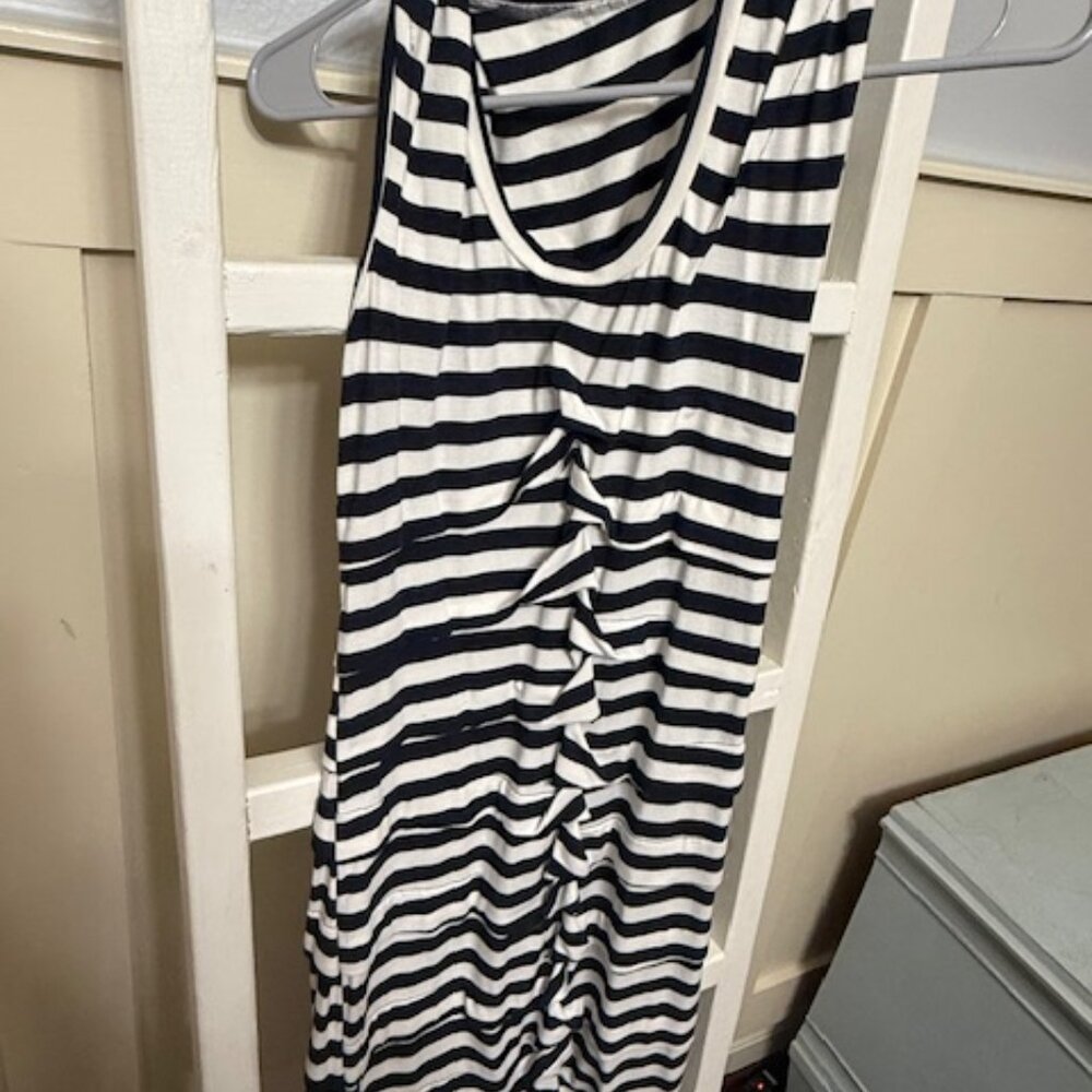 Navy White Striped Ruched Midi Dress Sleeveless Stretchy Size S/M